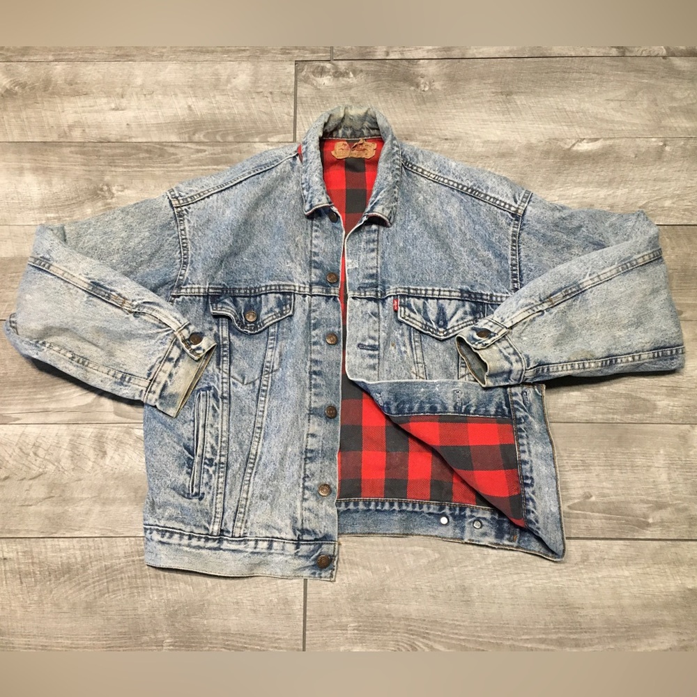 Mens Vintage Levis 70417 0819 Denim Jean Barn Trucker Plaid Lined Jacket Medium